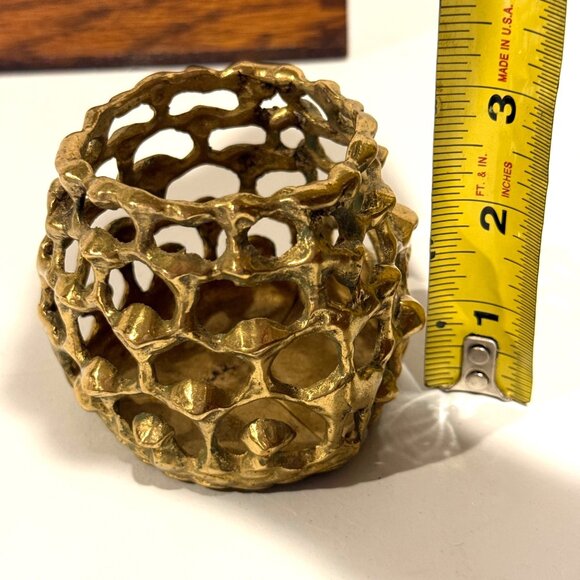 Brutalist Brass Votive Candle Holder MCM Openwork Honeycomb Design Korea - Picture 8 of 8